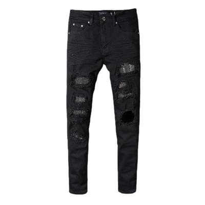 China Customized rhinestone patchwork jeans hole zipper type breathable denim men long ripped jeans for sale