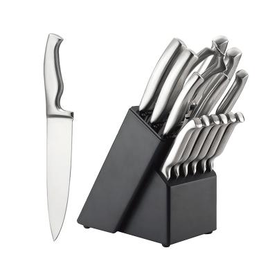 China Sustainable 15pcs Stainless Steel Hollow Handle Kitchen Knife Set With Wooden Block for sale