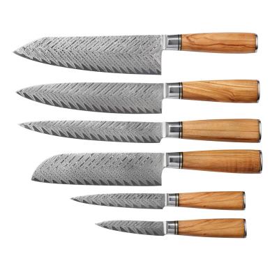 China AUS-10 Layers 67 Japanese Knife Sets 6pcs Damascus Cooking Kiritsuke Chef Viable Knife Olive Wood Handle For Cooking for sale