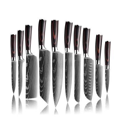 China Sustainable durable kitchen 10pcs pakka handle aus10 damascus wooden steel japanese kitchen knife set for sale