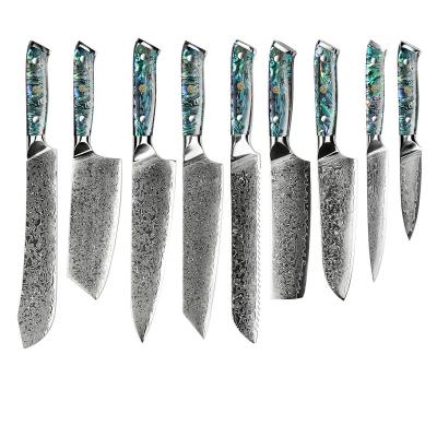 China Sustainable 10 Pcs Damascus Slaughter Nkiri Fillet Knives Set VG10 Japanese Steel Kitchen Damascus Knife Set With Abalone Handle for sale