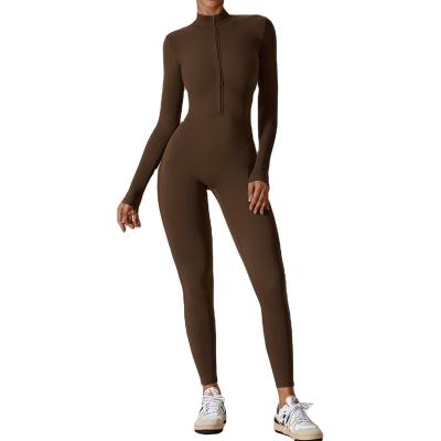 China Breathable Customized European and American zippered nude long sleeved yoga jumpsuit, high-strength fitness and sports jumpsuit, yoga suit for sale