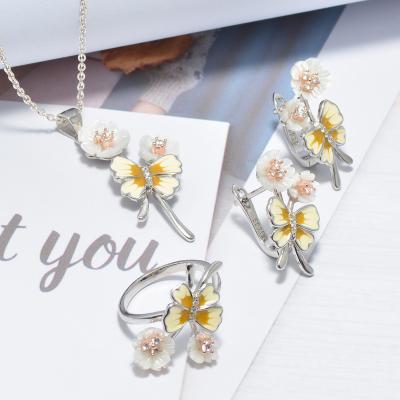 China Fashion 925 Sterling Silver Women Butterfly Necklace Dangle Earrings Ring Luxury Zircon Enamel Shell Flower Jewelry Set for sale