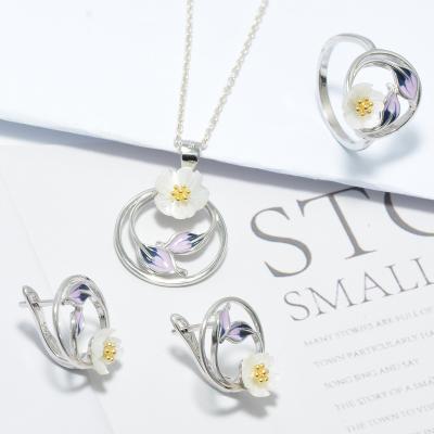 China Fashion 925 Sterling Silver Women Necklace Dangle Earrings Ring Luxury Zircon Enamel Shell Flower Jewelry Sets for sale