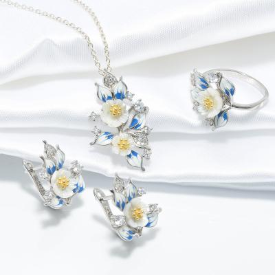 China Fashion Women's 925 Sterling Silver Enamel High Quality Shell Flowers Zircon Enamel Pendant Necklace Earrings Ring Jewelry Sets for sale