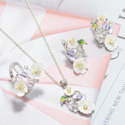 China Fashion High Quality Women 925 Sterling Silver Enamel Shell Butterfly Zircon Enamel Pendant Necklace Earrings Ring Jewelry Sets for sale