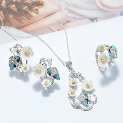 China High Quality Fashion 925 Sterling Silver Women Necklace Dangle Earrings Ring Luxury Zircon Enamel Shell Flower Jewelry Sets for sale