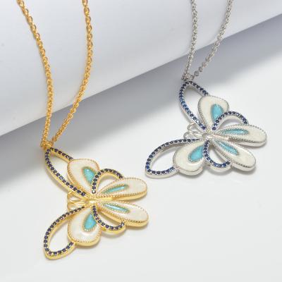 China 925 sterling silver high quality luxury FASHIONABLE plating 18k gold enamel zircon butterfly woman pendant necklace for sale