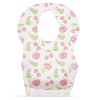 China Hot Selling New Design OEM Antibacterial Baby Disposable Bibs 3 Layers PE Nonwoven Film Customized Printed Water Proof With Crumb Catcher for sale