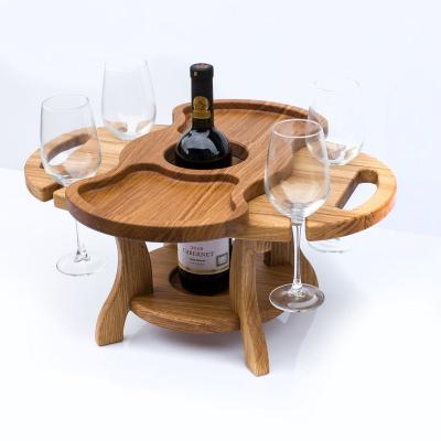 China Foldable Wooden Wine Table for 4 Glasses and Standard Bottle of Wine Wine Rack Portable Bedside Table with Rolling Tray for sale