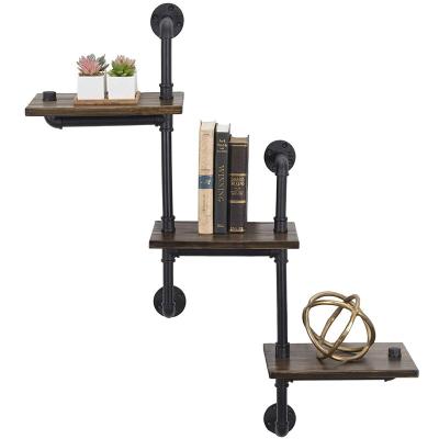 China Others) 3 Tier Floating Shelf 35 x40 Adjustable Rustic Wooden Wall Ladder (With Black Iron Pipe Shelves Hardware For Bedroom Kitchen Office for sale