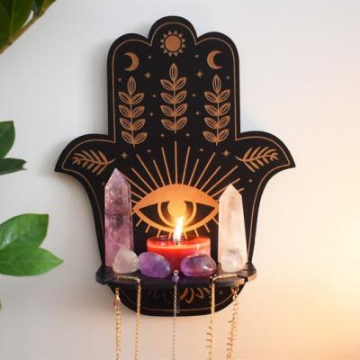 China Eco-Friendly Hamsa Hand Altar Shelf With Floral Pendulum And Necklace Holder Sun And Moon Engraving Crystal Display Shelf for sale