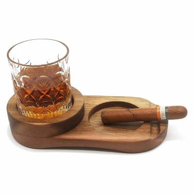 China Eco-Friendly Outdoor Indoor Home Office Use Wooden Cigar Ashtray Cigarette Holder With Wine Glass Holder Gift For Men for sale