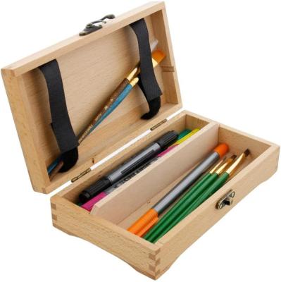 China Small Durable Unfinished Wooden Artist Tool Pen Case and Case Pen Gift Packaging Box Wooden Brush Storage Box for sale