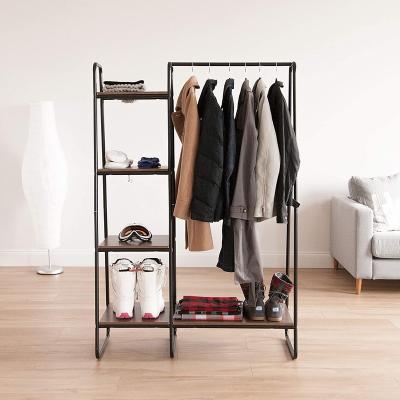 China Sustainable Industrial Style Clothing Rack With Wood Shelves Display Rack for sale