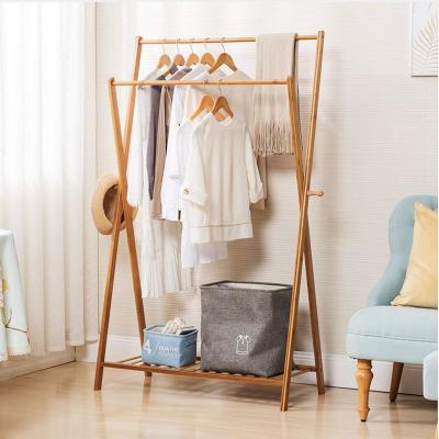 China Sustainable Foldable Bamboo 2 Tiers Clothes Rack With 2 Side Hooks And Shoe Display Racks for sale