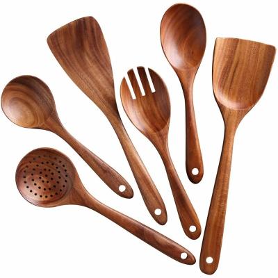 China Sustainable Cooking Use Kitchen Wooden Utensils Set Cooking Tools Spoons Spatulas Salad Forks Set Of 6 for sale