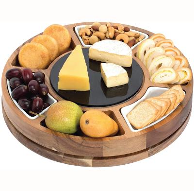 China Sustainable Susan Divided Turntable Acacia Wood Round Lazy Kitchen Cheese Board with Ceramic Trays and Slate Board for sale