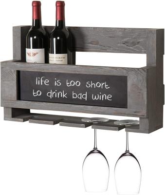 China Sustainable Rustic Wooden Floating Wine And Wine Glass Rack With Chalkboard for sale