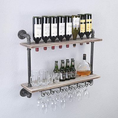 China 2 Tier Sustainable Industrial Rustic Wall Mounted Wine Racks With Glass Rack Floating Wood Wine Shelf With Glass Rack for sale