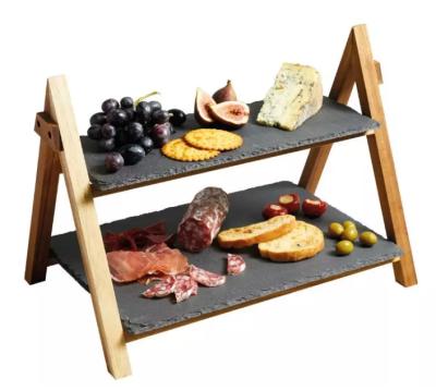 China Naural 2020 Home Decorative 2 Tired Wooden Food Tray With Natural Slate Board Serving Rack for sale