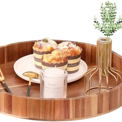 China Waterproof Round Wooden Serving Tray Round Wooden Serving Tray Food Coffee Table Serving Tray with Handles Food Serving Dish for sale