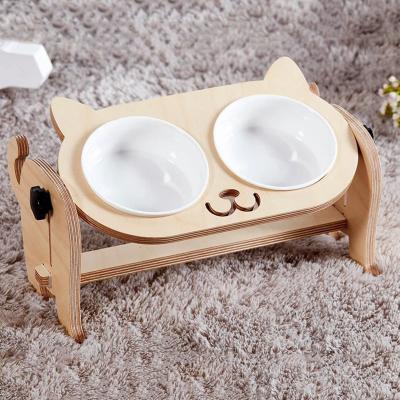 China Viable Size Adjustable Dog Carrier Shelf with Cat Shape Solid Wood Pet Carrier with Two Bowls for sale