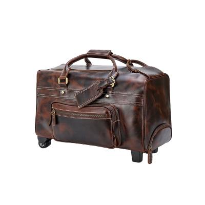 China ANMAI Vintage Genuine Cowhide Leather Suitcase Full Grain Leather Travel Bag With Wheels Waterproof Luggage Overnight Bags for sale