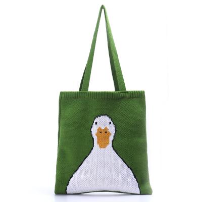 China Female Knitting Wool Handled Tote Bag Teenager Winter Fashion Duck Pattern Crochet Shopping Handbag Cute Japanese Style Kawaii for sale