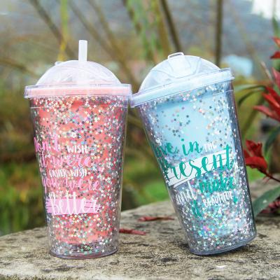 China 2022 Summer Sale Fashionable DOUBLE WALL Large Capacity Coffee Mug Hot Colorful Plastic Water Cup With Lid Double-Layer Straw Mug for sale