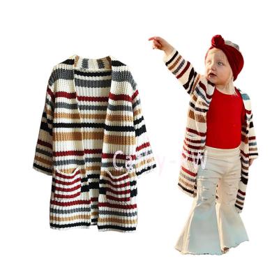 China Hot Selling Free Shipping Mommy and Me Anti Shrink Thick Stripe Cardigan Girls Long Cardigan with Pocket Fashionable for Kids for sale