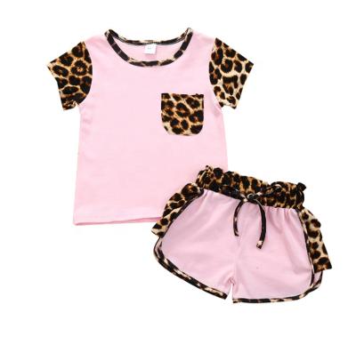 China Children Girls Leopard Neck Print Casual Round Pocket Jacket Summer Shorts Suit Cheetah Matching Two Piece Sets for sale