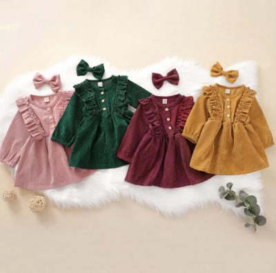 China 2021 Autumn Baby Girls Kids Cute Sheer Color Dress Breathable Soft Velvet Long Sleeve With Ruffle Decoration Button Opening And Bows for sale