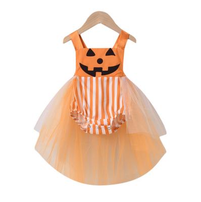 China New Breathable Halloween Holiday Babies Ghost Strap Design Pumpkin Color Lion Stripe Print Lace Dress for sale