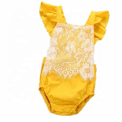 China New Arrival Vintage Baby Romper Toddler Girl Soild Short Sleeeves Lace Up Cotton Jumpsuit Outfits for sale