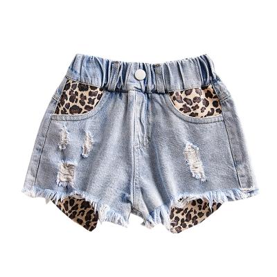 China QUICK DRY Girls Ripped Distressed Denim Kids Shorts New Pocket Summer Leopard Jeans Shorts 2021 Elastic Elastic Available for sale