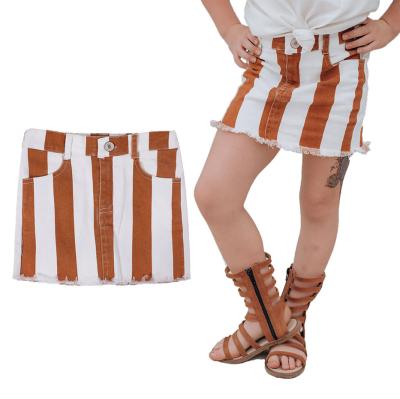 China Breathable Rust Jean Skirt For Girls 2021 Summer Kids High-waist Denim Skirt Custom Baby Orange Striped Skirt for sale