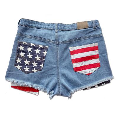 China Wholesale QUICK DRY 4th of July flag kids jeans distressed shorts back OEM custom baby denim lattice bummies for sale