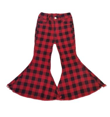 China High Quality Breathable Babies Plaid Flared Kids Red Buffalo Plaid Jeans Pants Plaid Bell Bottoms for sale