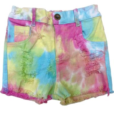 China New Arrival Viable Baby Kids Tie To Dye Distressed Jeans Shorts Leopard Print Bummies for sale