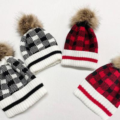 China Mama and Me Character Winter New Warm Cute Leopard Buffalo Plaid Babies Beanies With Single Fur Hairball for sale