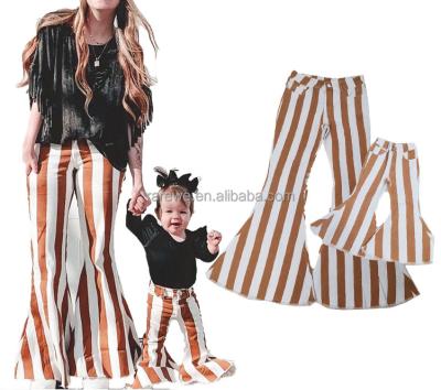 China Fashion QUICK DRY Mommy and Me Fall Bell Bottom Babies Rocket Orange White Striped Jeans for Cute Kids for sale