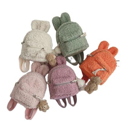 China Fashion Free Shipping Babies Rabbit Ear Backpack Solid Color Bag Children Shear Cute Backpack With Plush Toy for sale