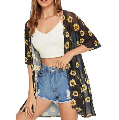 China Small Daisy Print Women Summer Mesh Cardigan UV Beach Sleeveless Cool Loose Anti-Shrink Chiffon Clothing for sale