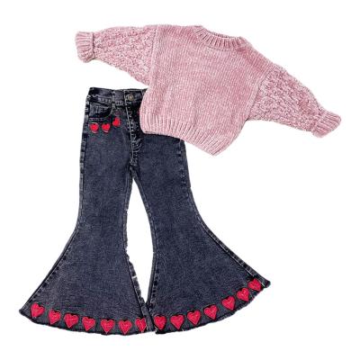 China Anti-Static Free Shipping Valentine's Day Kid's Fashion Embroidery Hearts Denim Bells Babies Black Washed Bell Bottom for sale