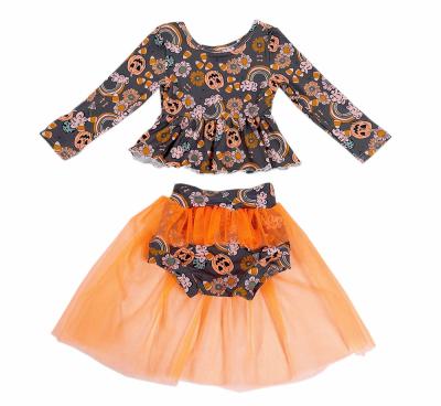 China Free Shipping Kids Casual Halloween Teams Babies Tutu Sets Girls Pumpkin Print Halter Top Lace Up Bummies Clothes for sale