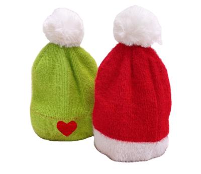 China Cute Character New Winter Christmas Red And Green Soft Velvet Fur Baby Holiday Hats With White Ball Plush Ball for sale