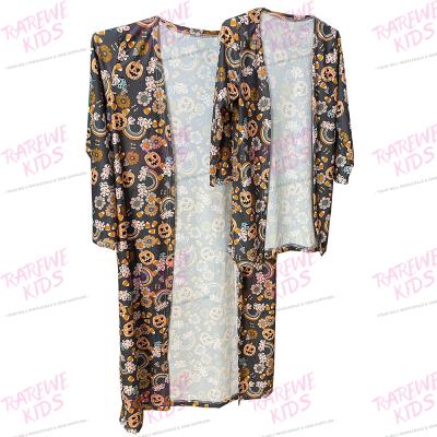 China Vintage Newcomer Halloween Pumpkin Rainbow Printed Mummy and Me Ribbed Knit Cardigans Chiffon OEM for sale