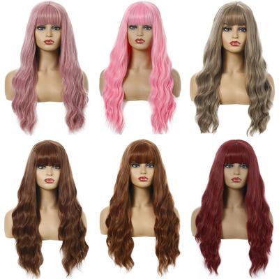 China Mcoser Curly Hair Wholesale Pink Curly Wig Synthetic Hair Wigs With Long Wavy Bangs Hair For Women Heat Resistant for sale