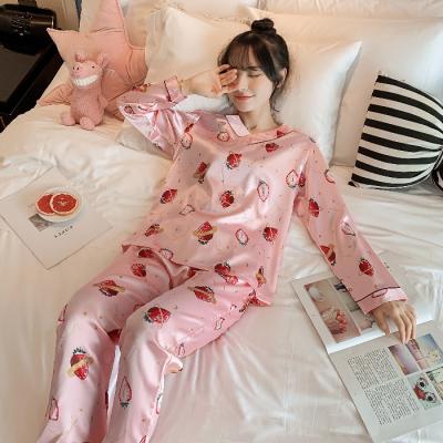 China Summer QUICK DRY Ice Silk Sleepwear Skirt Round Neck Cute Cartoon Print Women Long Sleeve Pajamas for sale